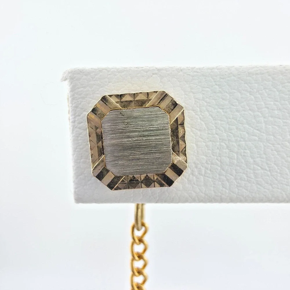 Vintage SWANK Tie Tack Clip Cufflink Set Diamond Cut Border Silver Gold Tone